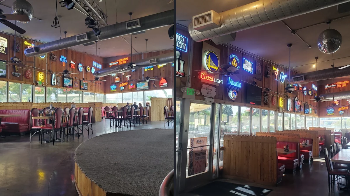 Bar stools, table service, and a relaxed family-friendly space.